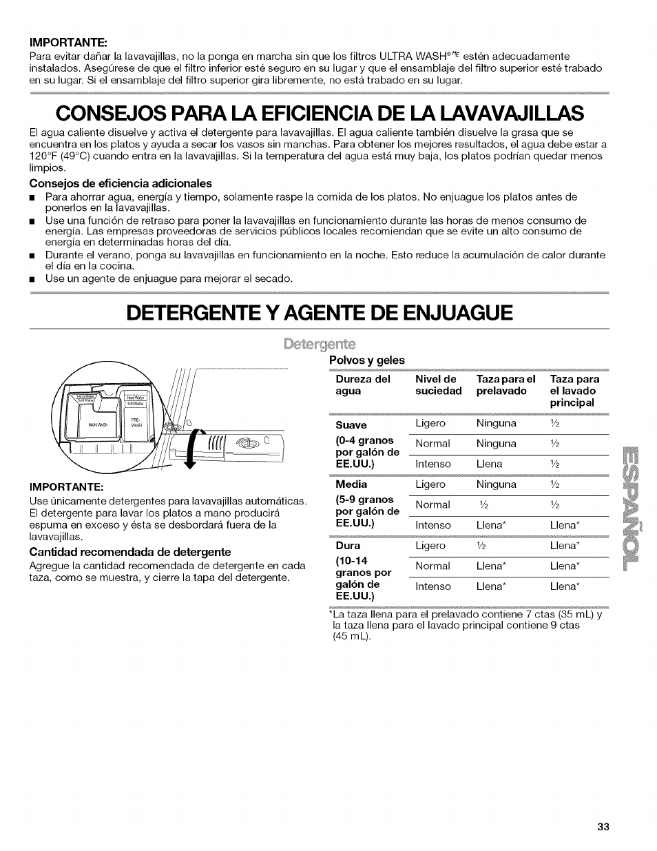 Consejos para la eficiencia de la lavavajillas, Detergente y agente de enjuague, Importante | Dureza del agua, Suave, Media, Dura | Kenmore 13163 User Manual | Page 33 / 76