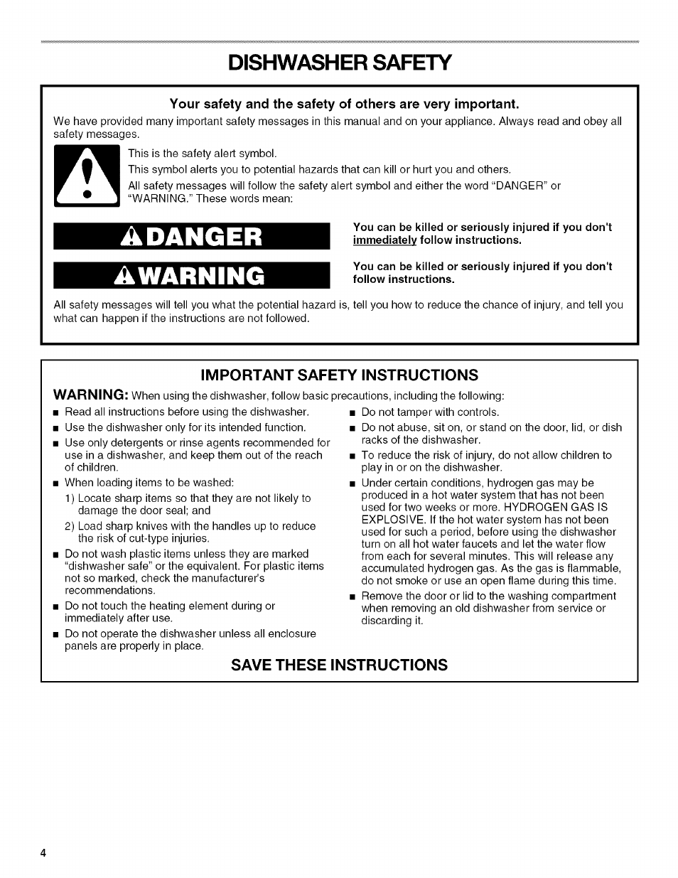 Dishwasher safety, Adanger, Awarning | Important safety instructions, Save these instructions, Adanger awarning | Kenmore 13163 User Manual | Page 4 / 76