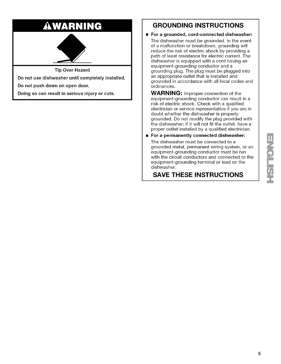 Warning, Tip over hazard, Grounding instructions | Save these instructions | Kenmore 13163 User Manual | Page 5 / 76
