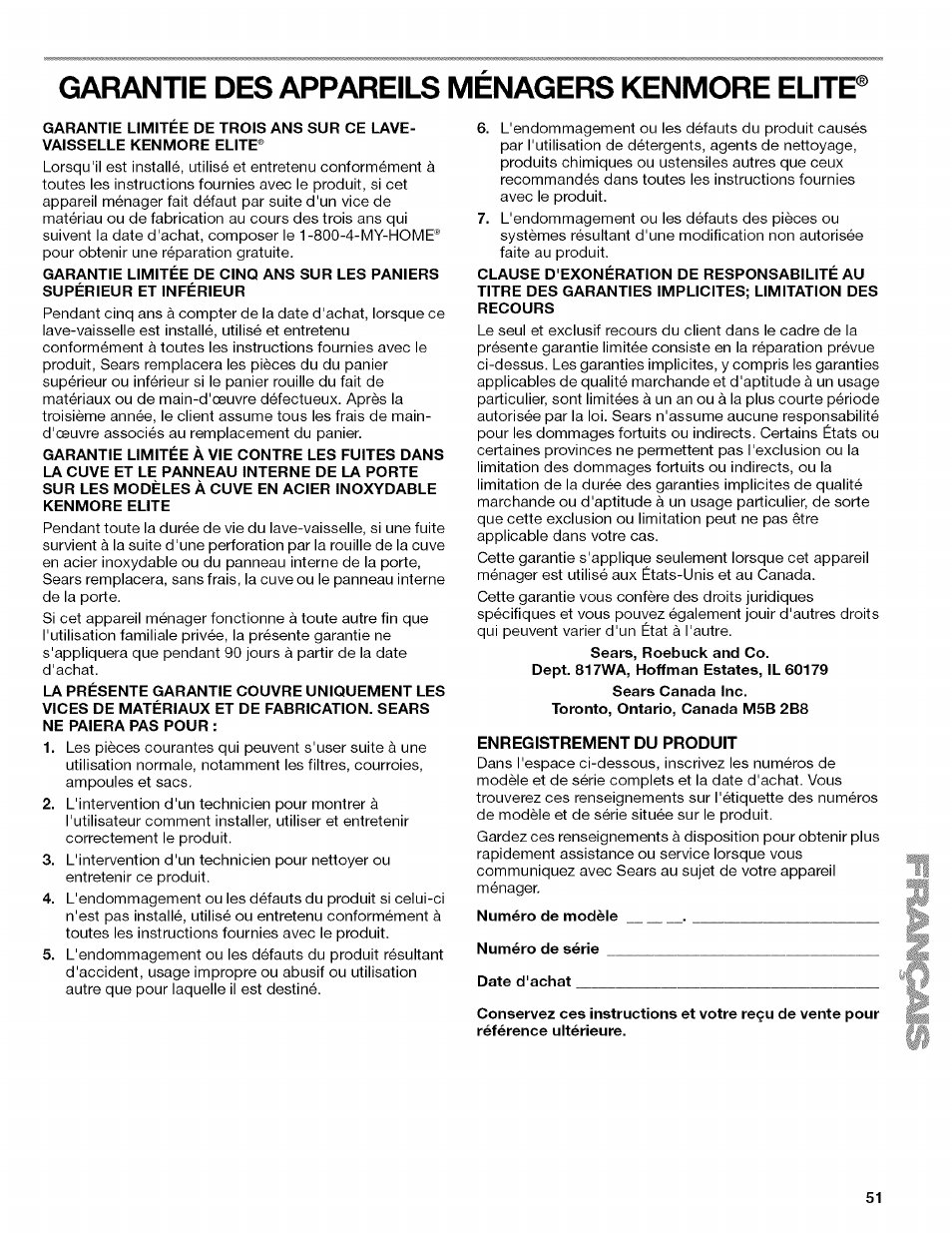 Garantie des appareils menagers kenmore eutb, Numéro de modèle, Numéro de série | Date d'achat, Garantie des appareils menagers kenmore, Eutb | Kenmore 13163 User Manual | Page 51 / 76