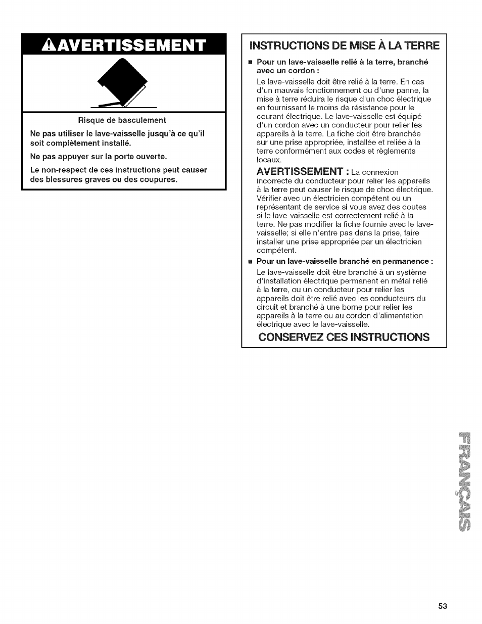 Avertissement, Risque de basculement, Instructions de mise a la terre | Conservez ces instructions, Instructions | Kenmore 13163 User Manual | Page 53 / 76