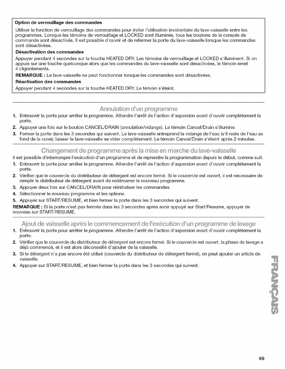 Option de verrouillage des commandes, Vaisselle apres, Ie f'execijti | Ri fl | Kenmore 13163 User Manual | Page 69 / 76