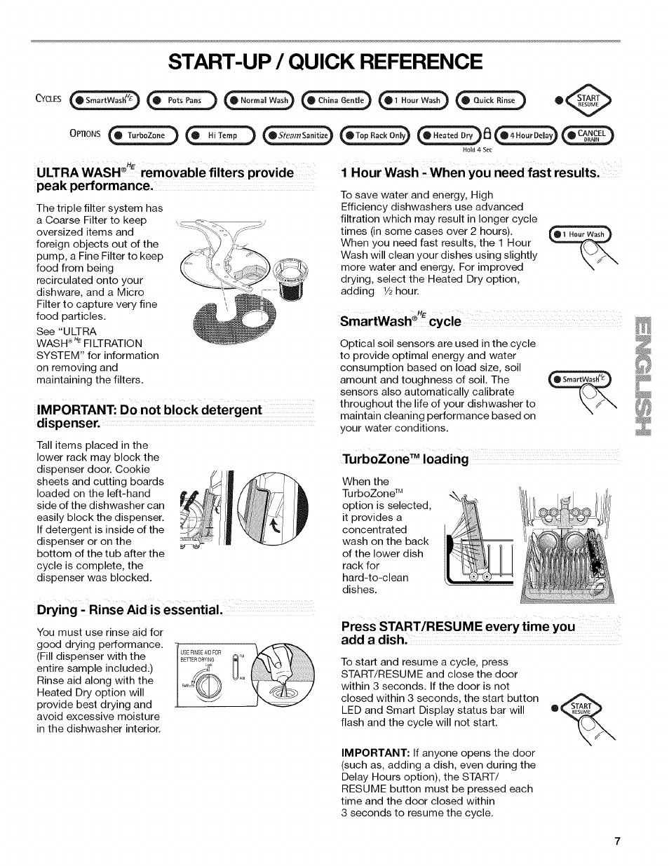 Start-up / quick reference, Gstart-up / quick reference, Äftl | Prying - ri nse aid is essential, Add'.a dish | Kenmore 13163 User Manual | Page 7 / 76