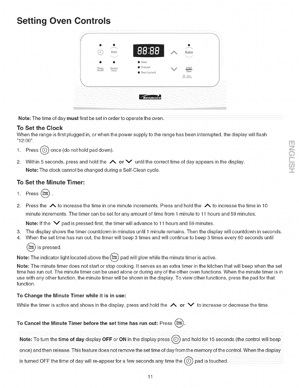 Sets, To set the clock, To set the minute timer | To change the minute timer while it is in use, Setting oven controls | Kenmore 790.9411 User Manual | Page 11 / 22