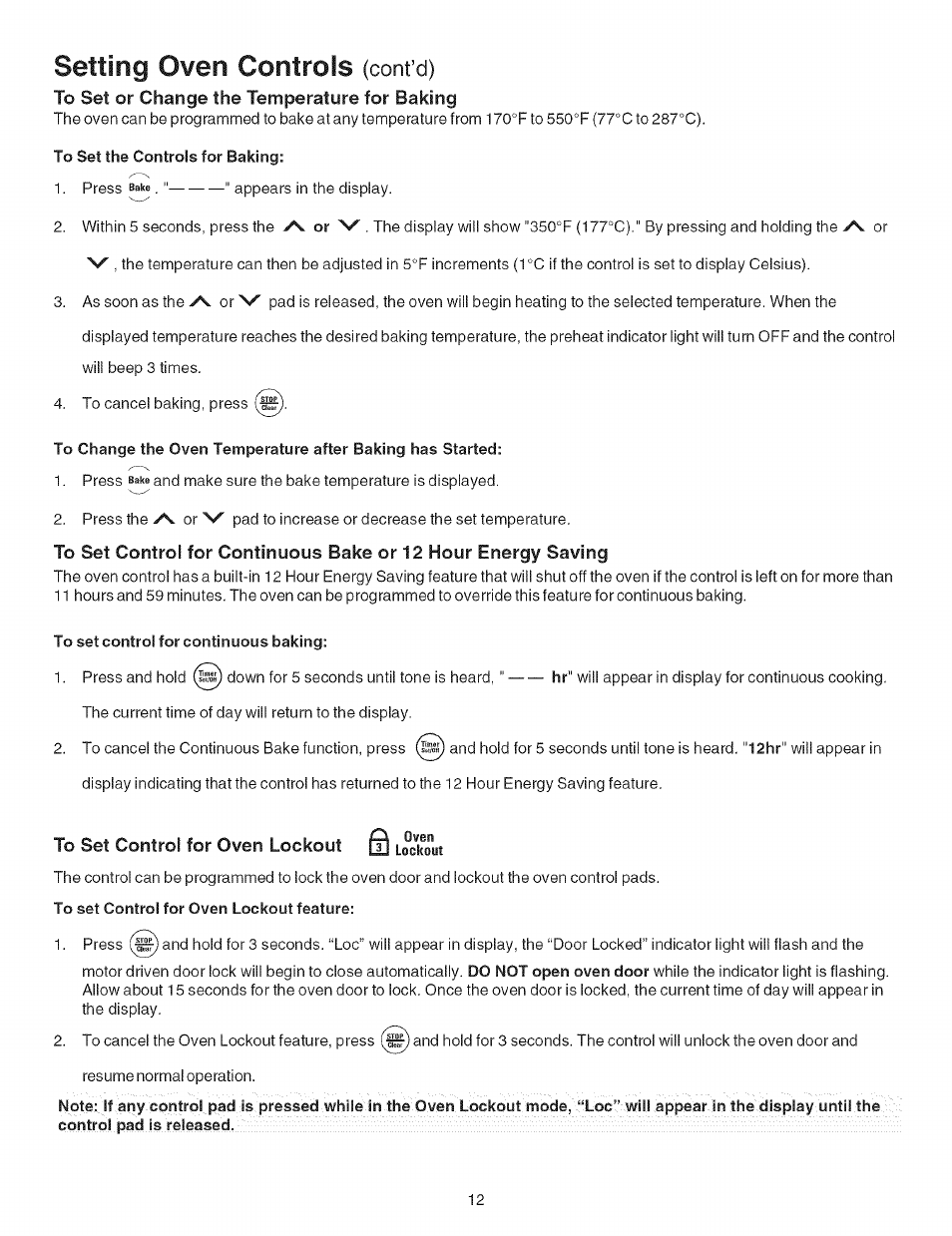 To set control for oven lockout q lockout, Setting oven controls | Kenmore 790.9411 User Manual | Page 12 / 22