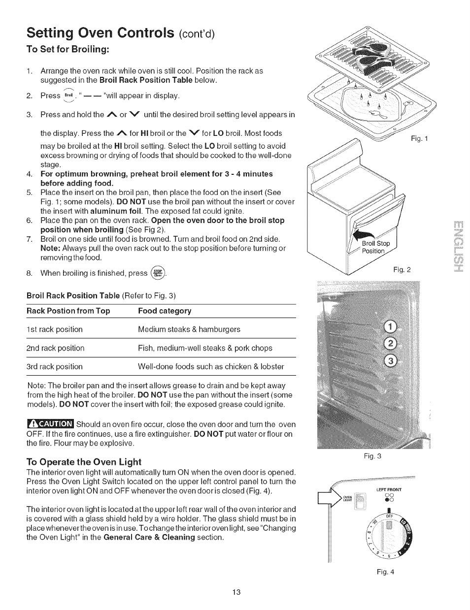 Setting oven controls (cont’d), To set for broiling, To operate the oven light | Setting oven controls, Cont’d) | Kenmore 790.9411 User Manual | Page 13 / 22