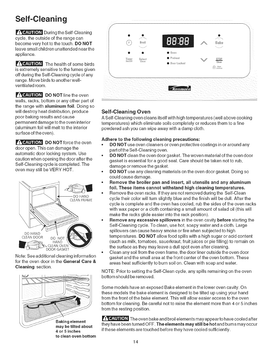 Self-cleaning, Self-cleaning oven, Adhere to the following cleaning precautions | Kenmore 790.9411 User Manual | Page 14 / 22