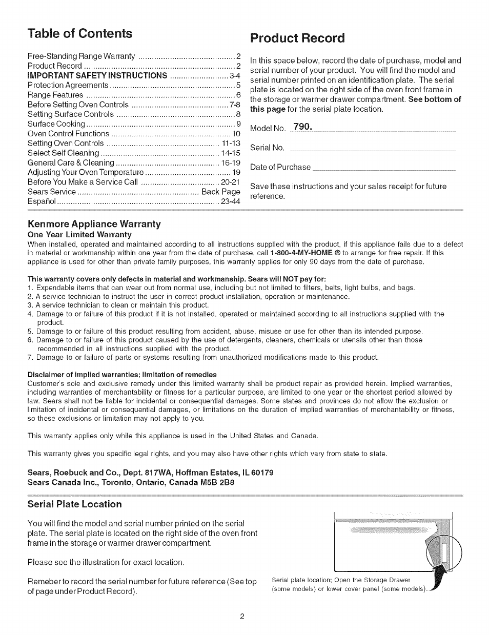Serial plate location, Table of contents product record | Kenmore 790.9411 User Manual | Page 2 / 22