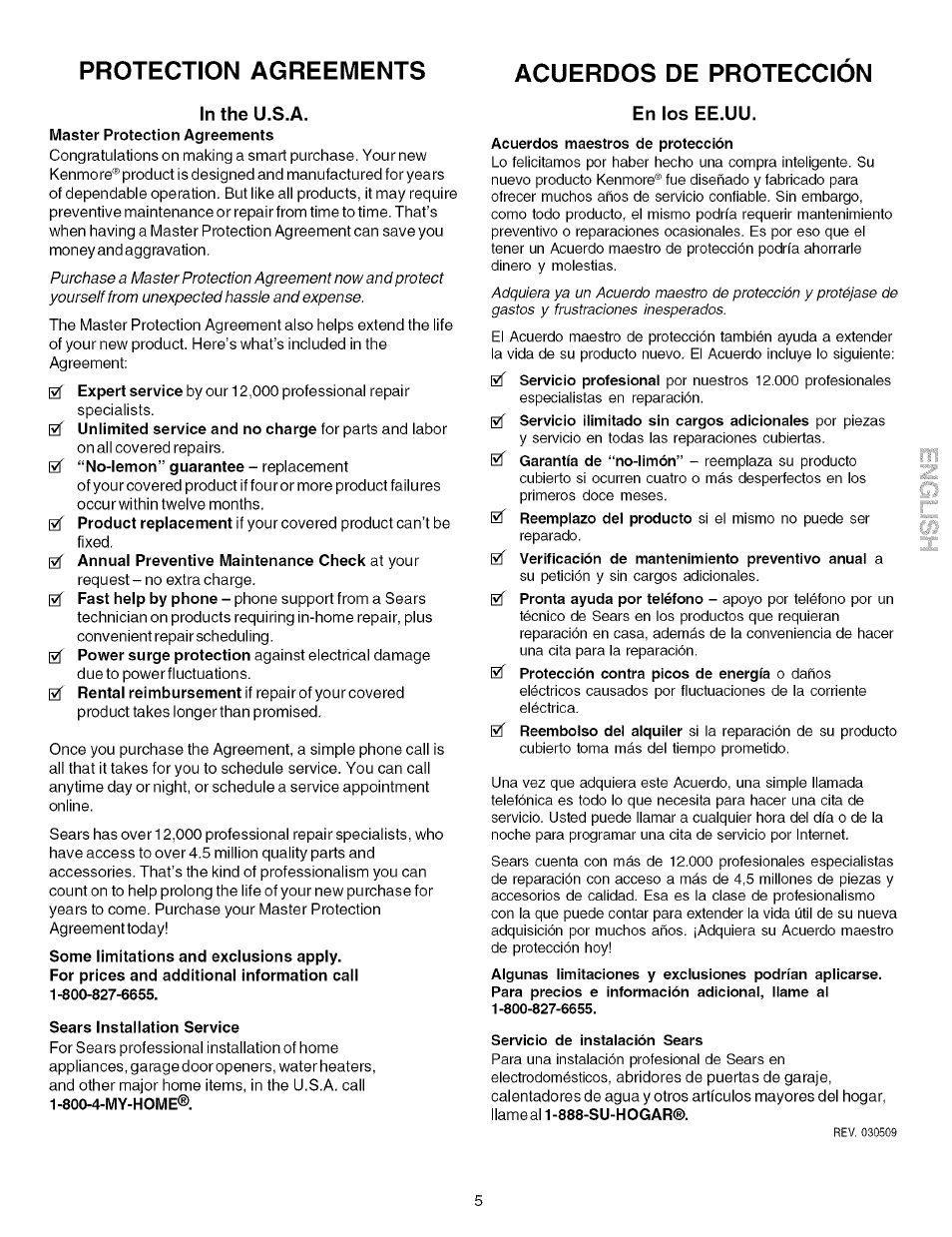 Protection agreements, Acuerdos de proteccion, Intheu.s.a | En los ee.uu, Protection agreements acuerdos de proteccion | Kenmore 790.9411 User Manual | Page 5 / 22