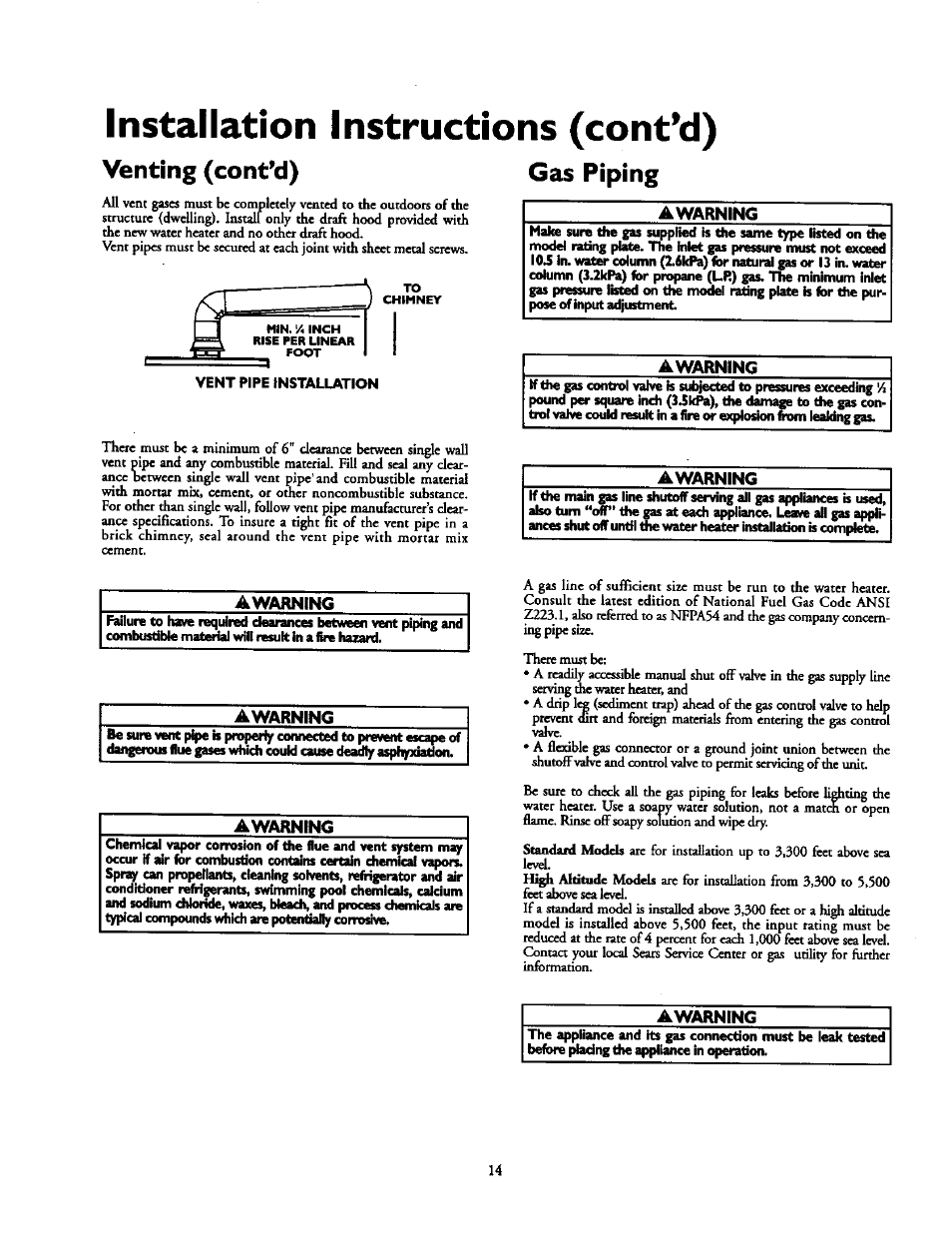 Installation instructions (cont’d), Venting (cont’d) gas piping | Kenmore 153.337213 User Manual | Page 14 / 36