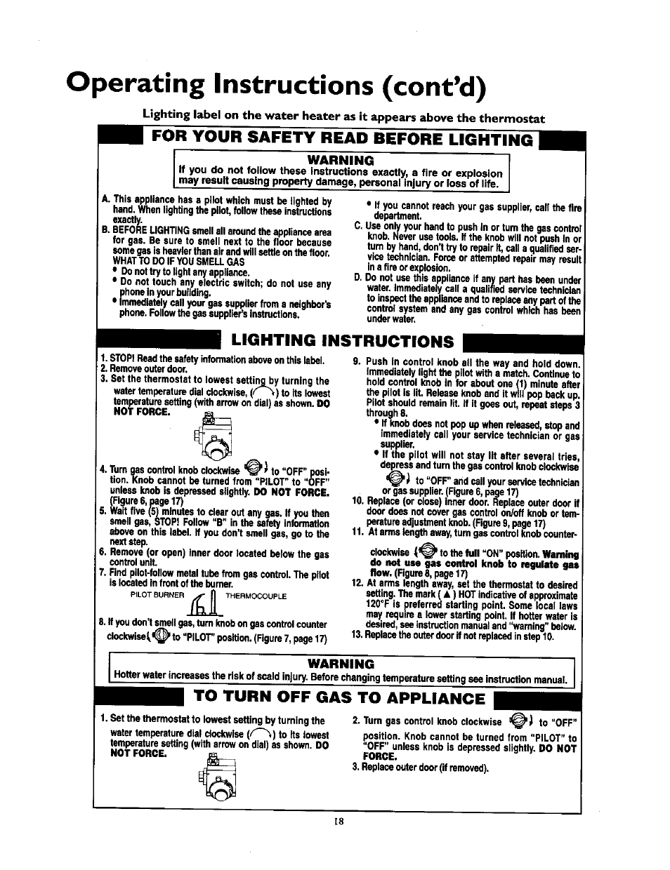 Operating instructions (cont’d), For your safety read before lighting, Lighting instructions | Warning | Kenmore 153.337213 User Manual | Page 18 / 36