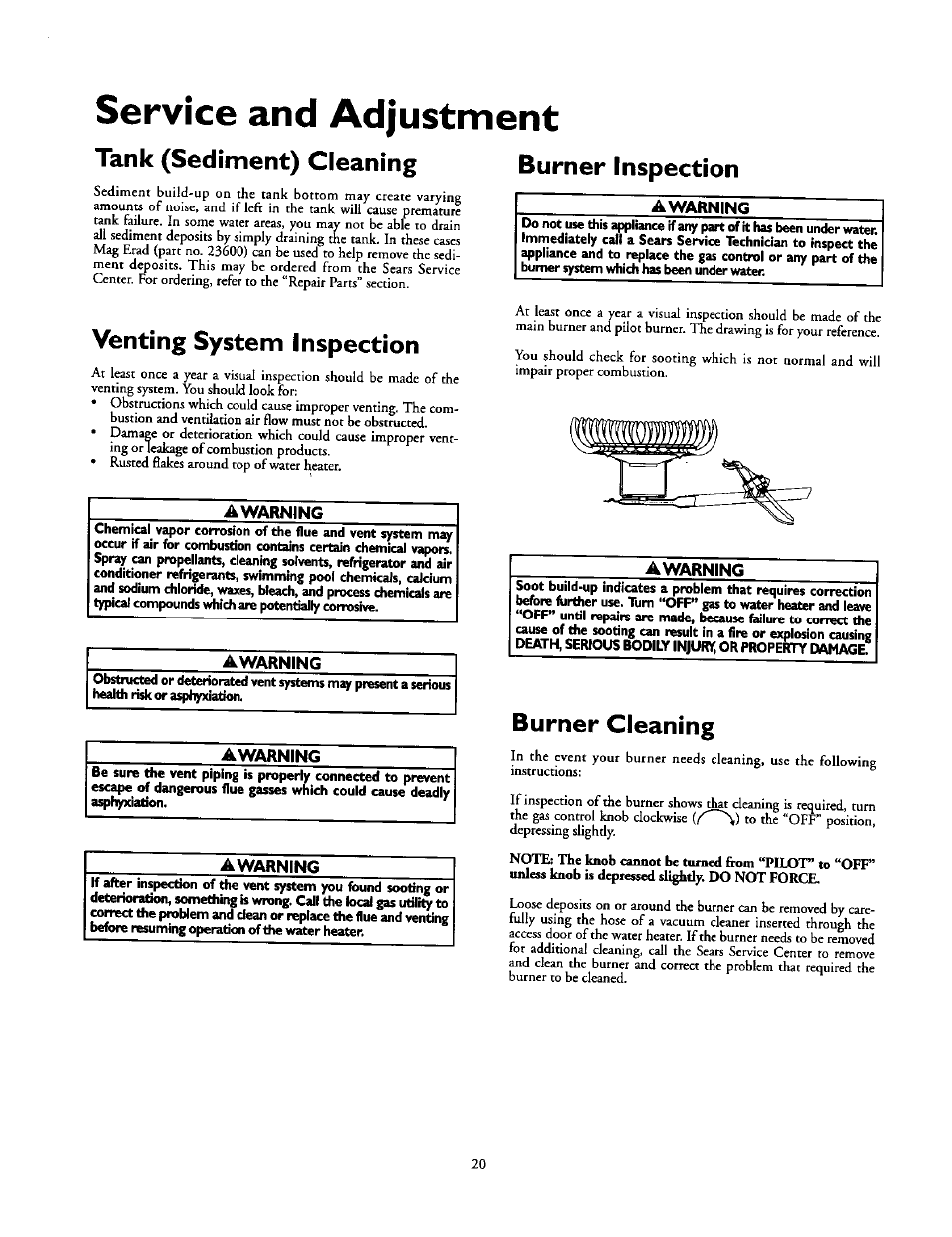Tank (sediment) cleaning, Venting system inspection, Burner inspection | Burner cleaning, Service and adjustment | Kenmore 153.337213 User Manual | Page 20 / 36