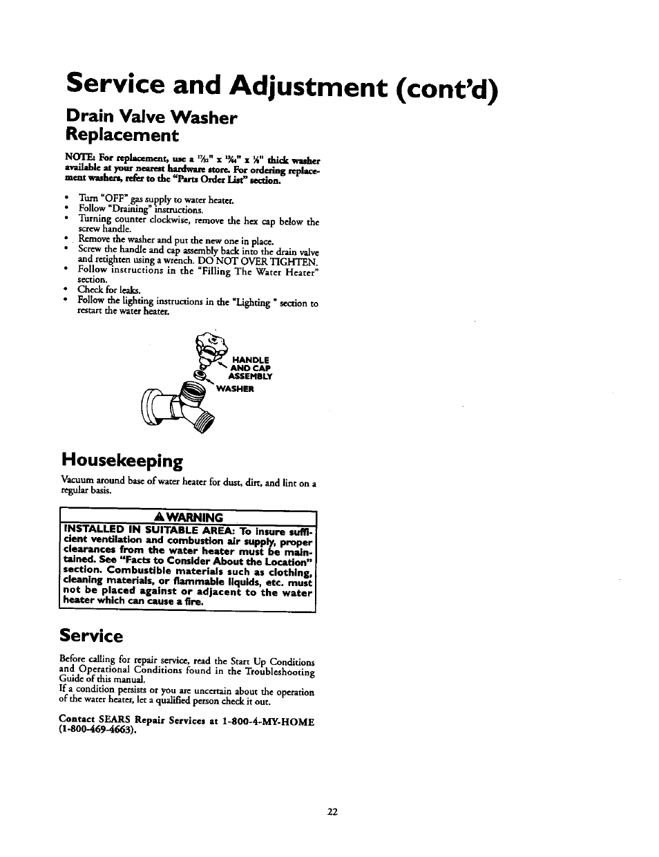 Drain valve washer replacement, Housekeeping, Service | Drain valve washer replacement housekeepii, Service and adjustment (cont’d) | Kenmore 153.337213 User Manual | Page 22 / 36