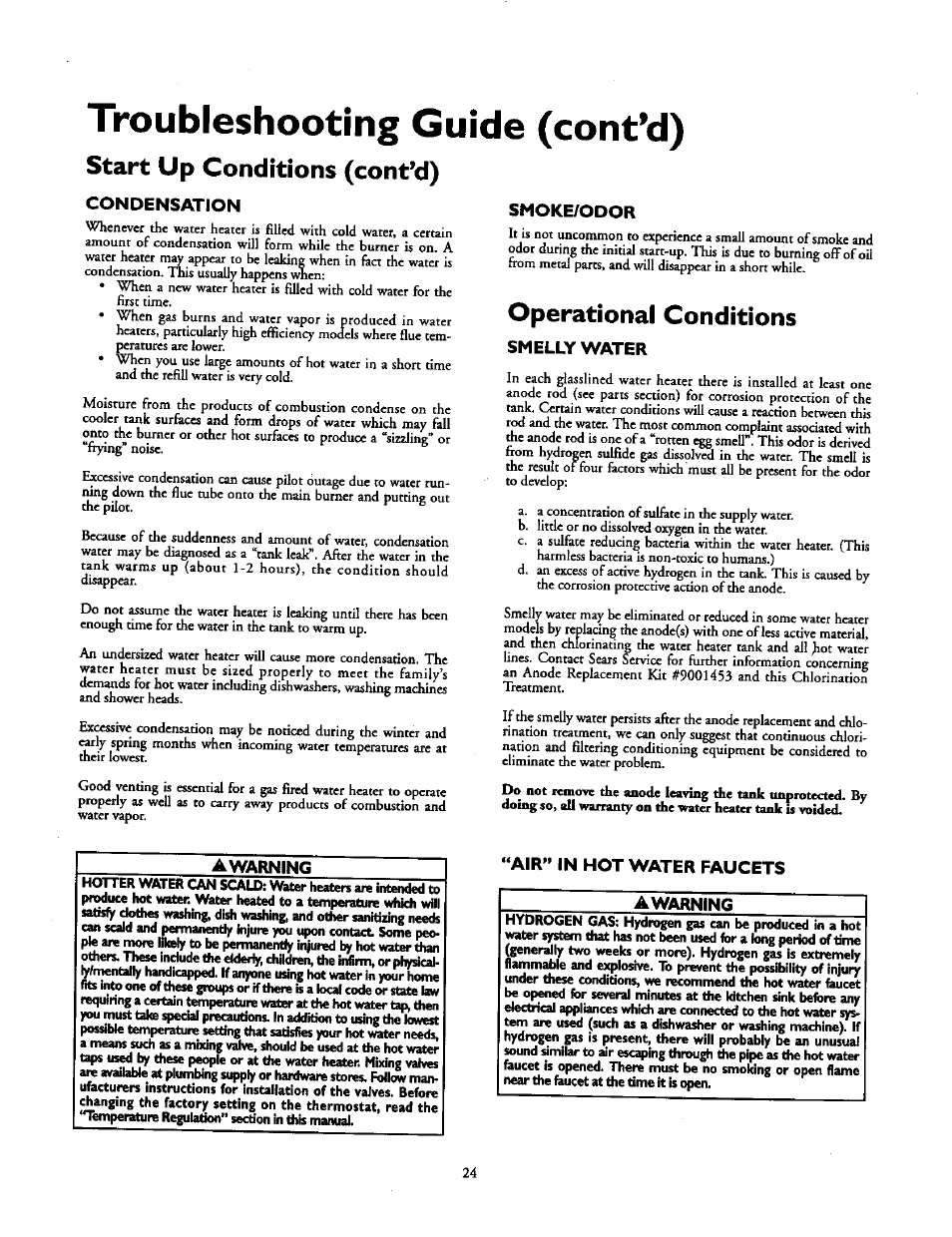 Troubleshooting guide (cont’d), Start up conditions (cont’d), Operational conditions | Kenmore 153.337213 User Manual | Page 24 / 36