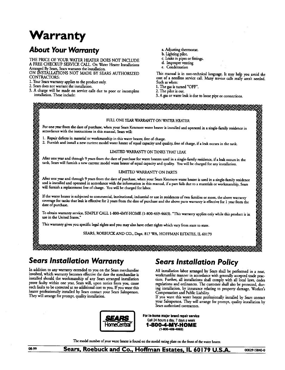 Warranty, About your warranty, Sears installation warranty | Sears installation policy, 800-4-my-home | Kenmore 153.337213 User Manual | Page 36 / 36