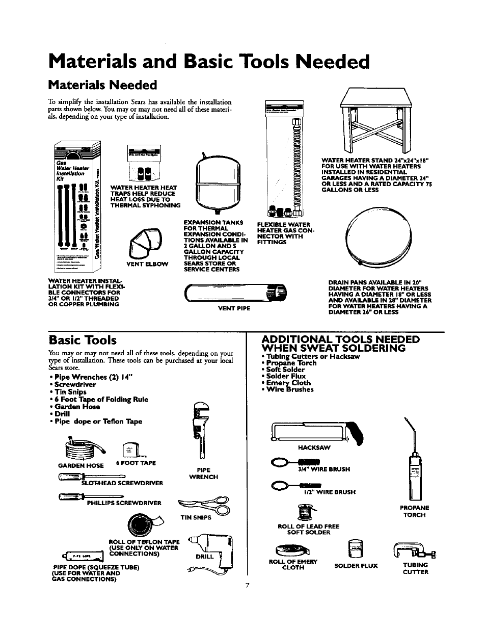 Materials and basic tools needed, Materials needed, Basic tools | Additional tools needed when sweat soldering | Kenmore 153.337213 User Manual | Page 7 / 36