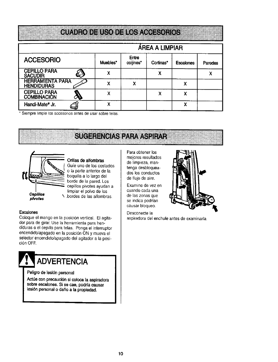 Cuadro de c« los acce^mc, Sugerencias para aspirar, Advertencia | Kenmore 116.31912 User Manual | Page 30 / 40