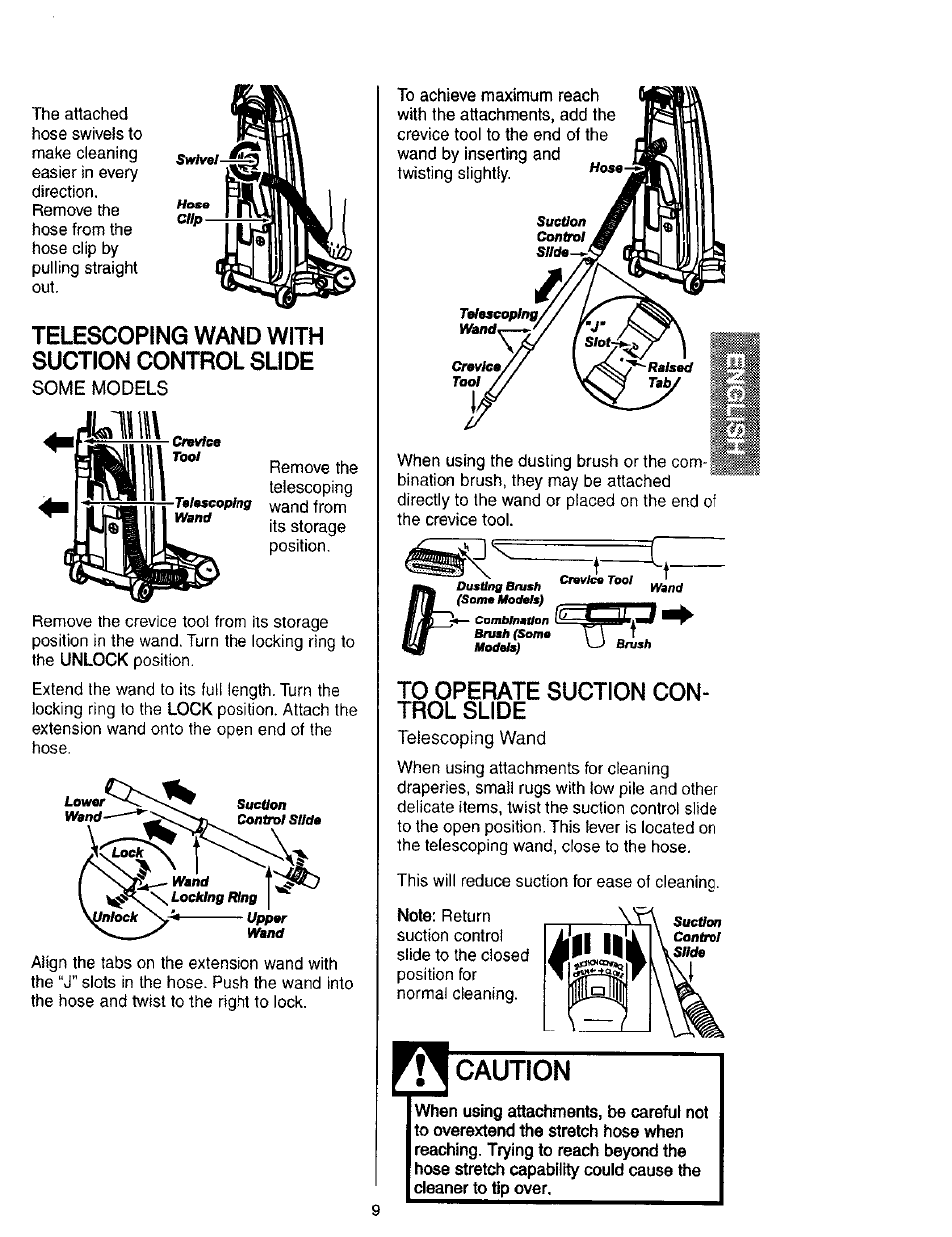 Caution, Telescoping wand with suction control slide, Rlullu | Kenmore 116.31912 User Manual | Page 9 / 40