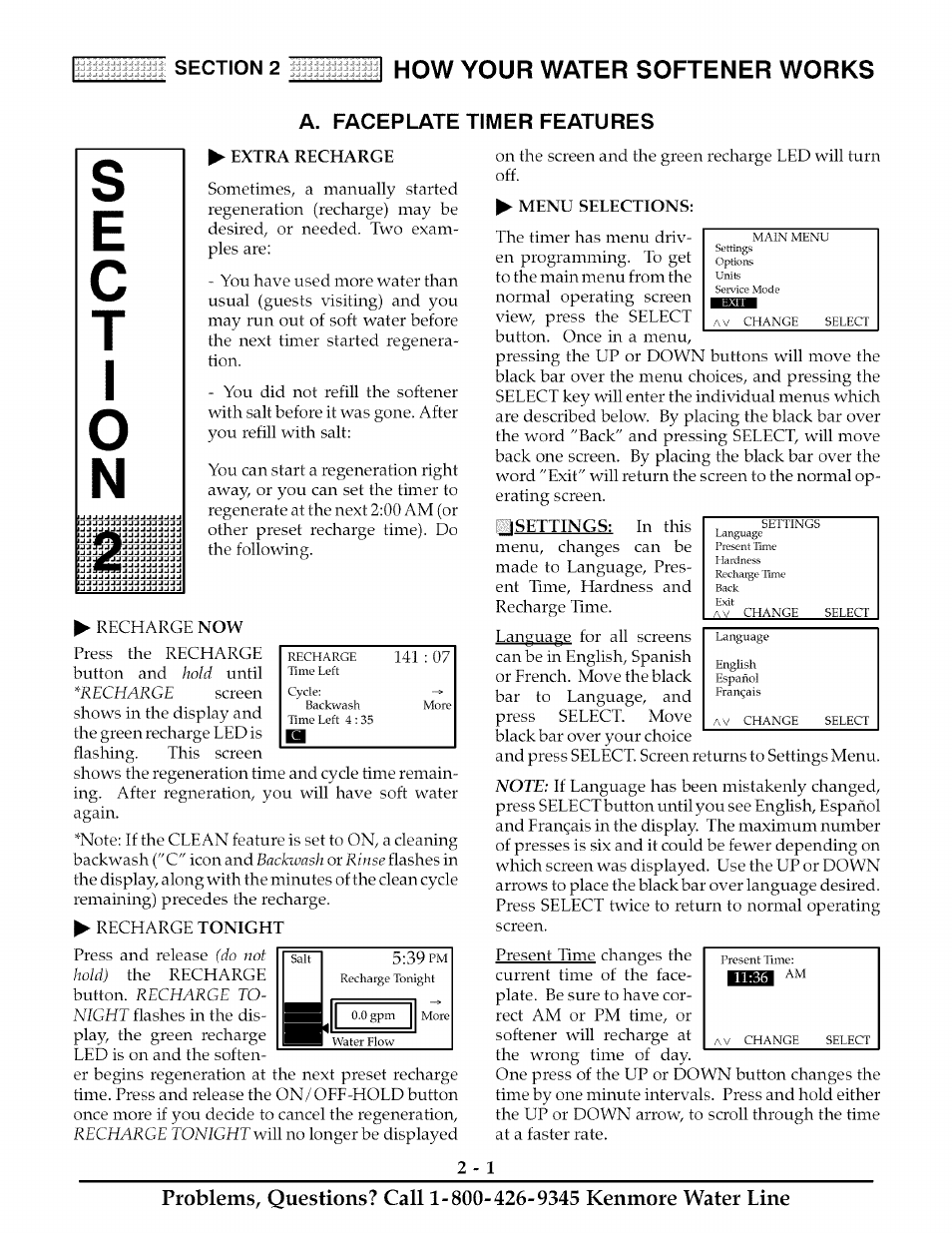 A. p;vqep|j^x£ timer features, Extra recharge, Menu selections | 2how your water softener works | Kenmore ULTRASOFT 625.38888 User Manual | Page 10 / 36