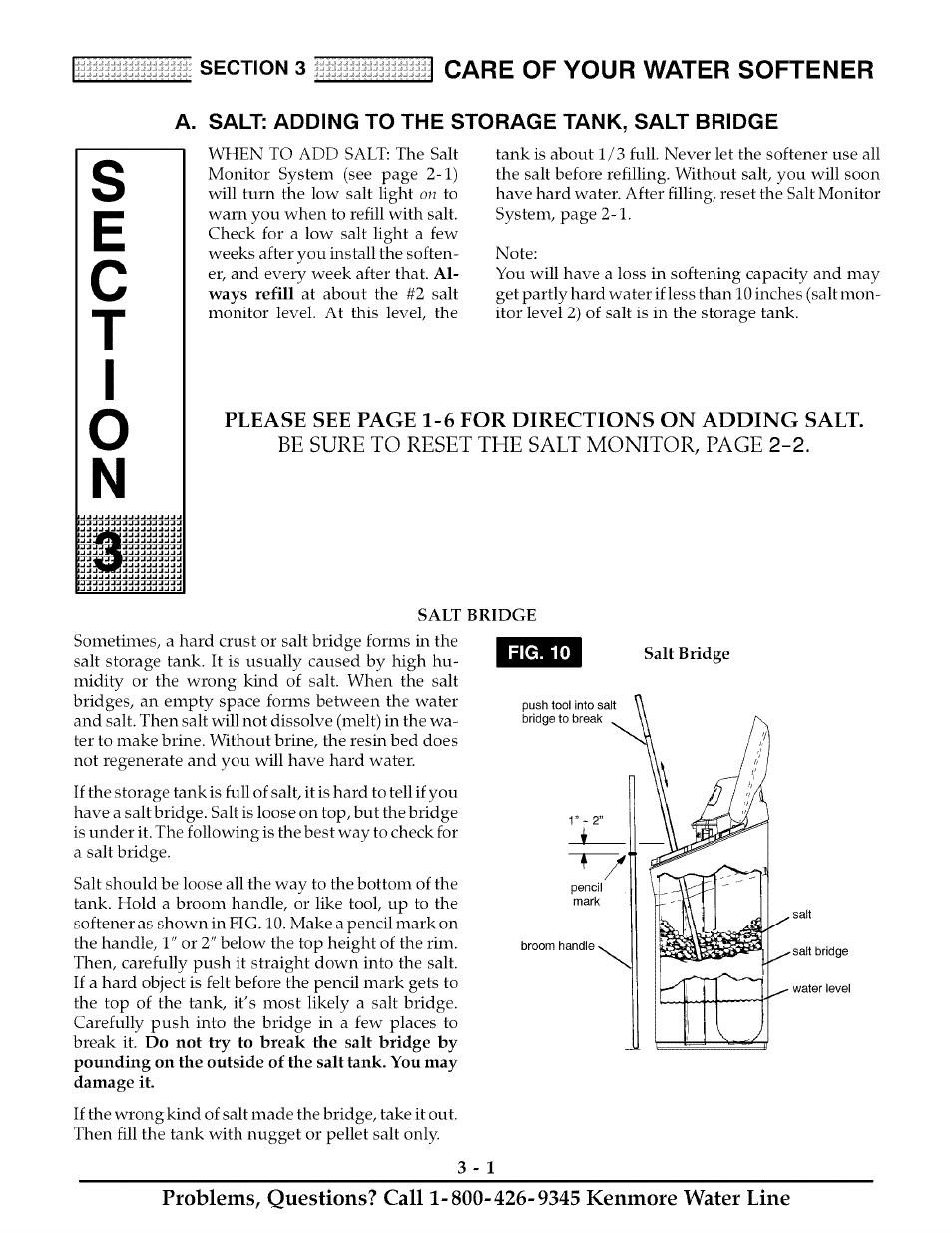 A. salt: adding to the storage tank, salt bridge, Salt: adding to storage tank / salt bridge -1, Care of your water softener | Kenmore ULTRASOFT 625.38888 User Manual | Page 16 / 36
