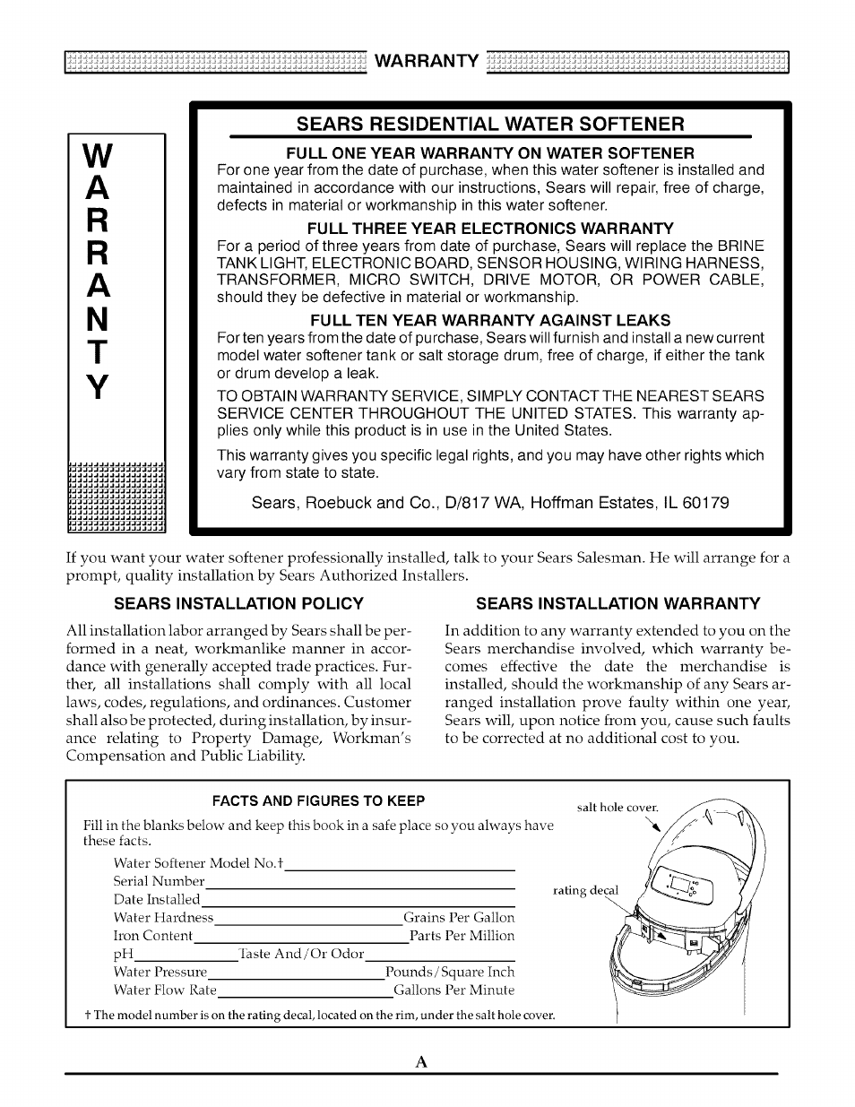 Warranty, Sears residential water softener, Facts and figures to keep | Kenmore ULTRASOFT 625.38888 User Manual | Page 2 / 36
