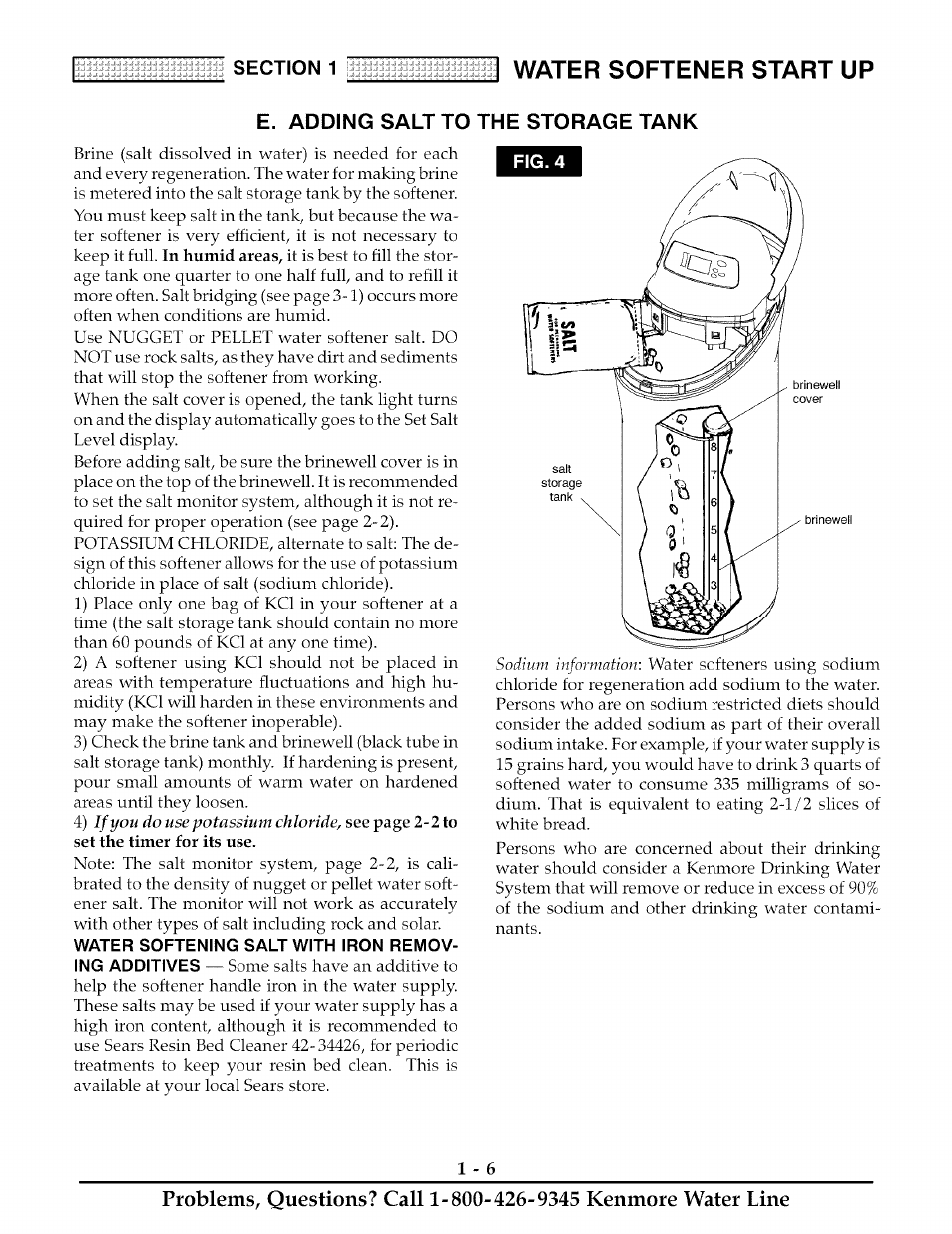 E. adding salt to the storage tank, Adding salt to the storage tank -6, Water softener start up | Kenmore ULTRASOFT 625.38888 User Manual | Page 9 / 36