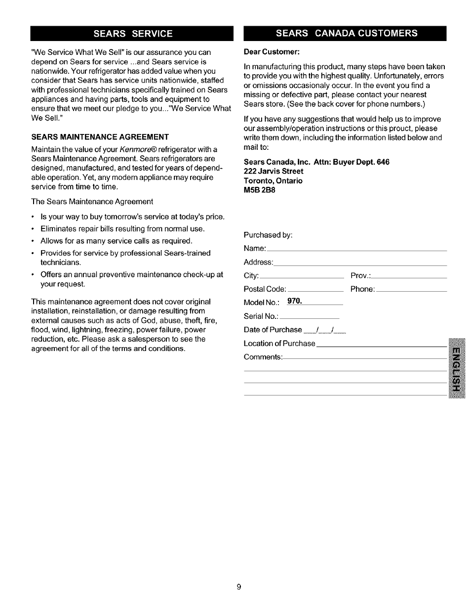Sears canada customers | Kenmore 216769500 User Manual | Page 10 / 12