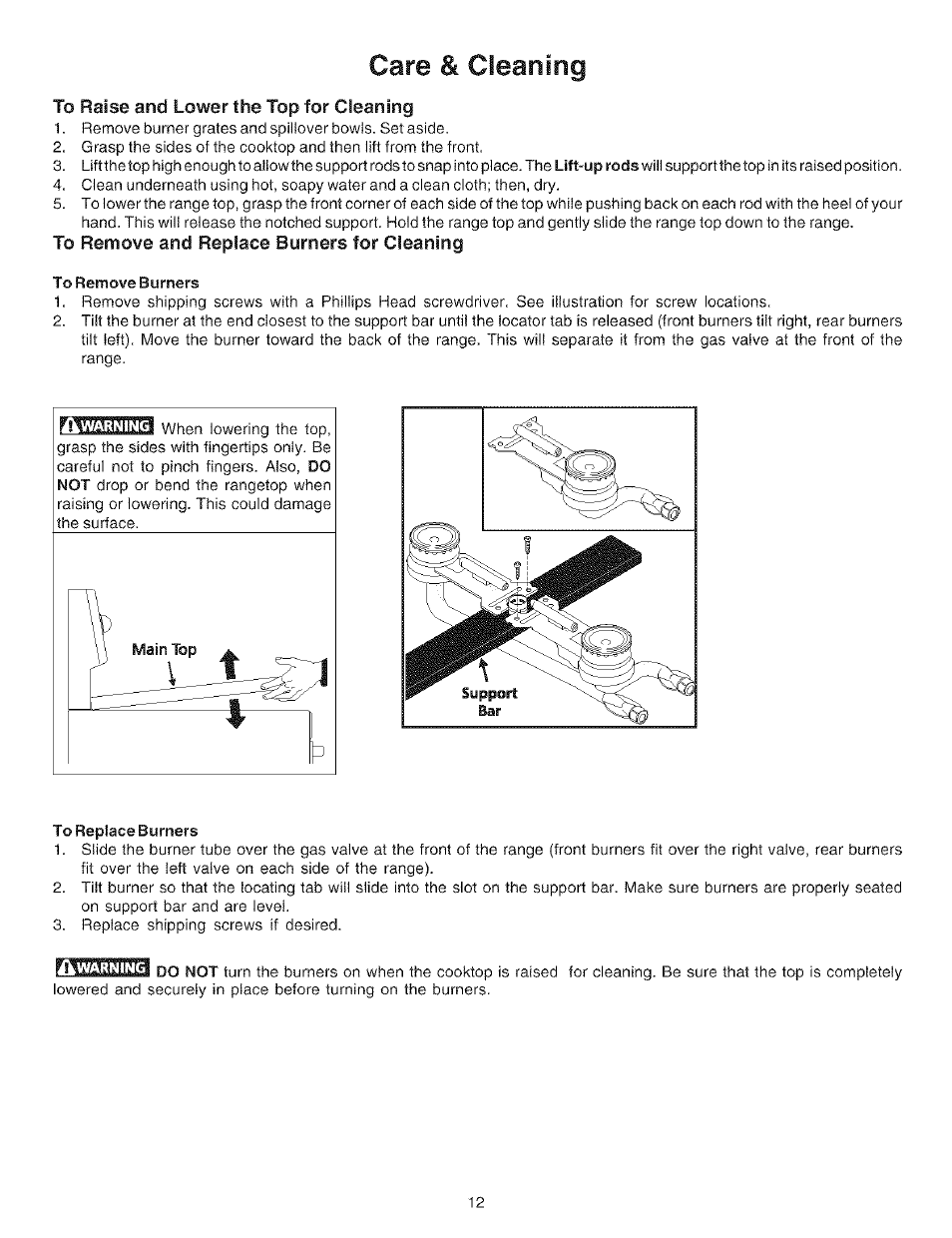 To raise and lower the top for cleaning, To remove and replace burners for cleaning, To remove burners | A warning, To replace burners, Care & cleaning | Kenmore 790.72114 User Manual | Page 12 / 16