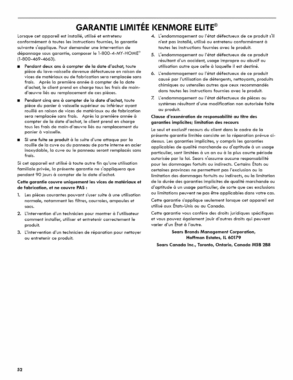 Garantie limitee kenmore elite | Kenmore ULTRA WASH 665.1404 User Manual | Page 52 / 78
