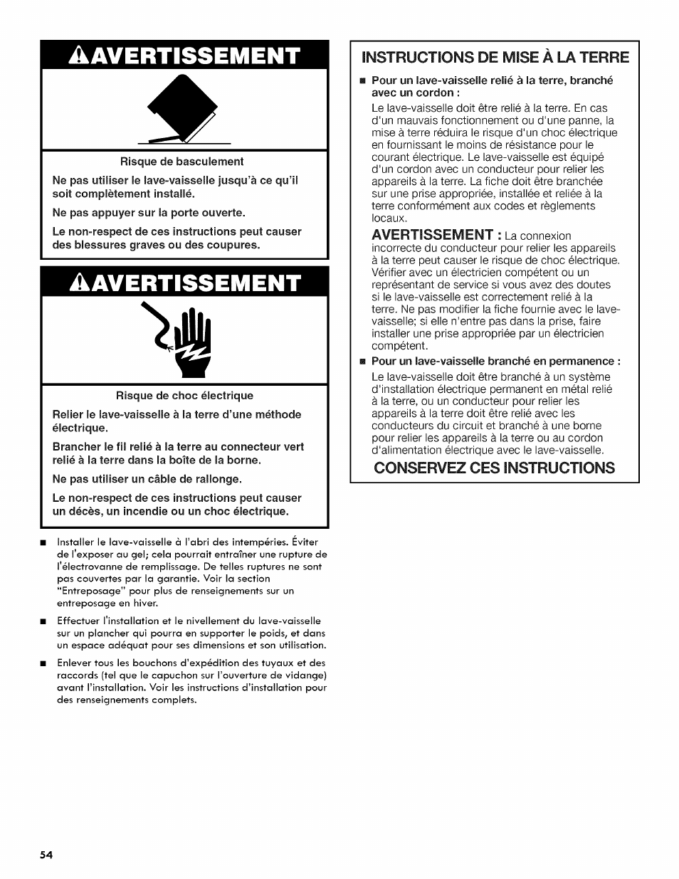 Aavertissement, Avertissement, Instructions de mise a la terre | Conservez ces instructions | Kenmore ULTRA WASH 665.1404 User Manual | Page 54 / 78