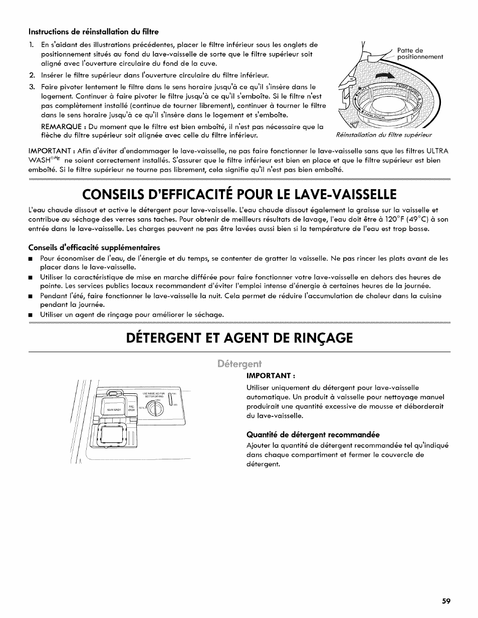 Conseils d’efficacite pour le lave-vaisselle, Détergent et agent de rinçage, Conseils d’efficacité pour le lave-vaisselle | Détergent | Kenmore ULTRA WASH 665.1404 User Manual | Page 59 / 78