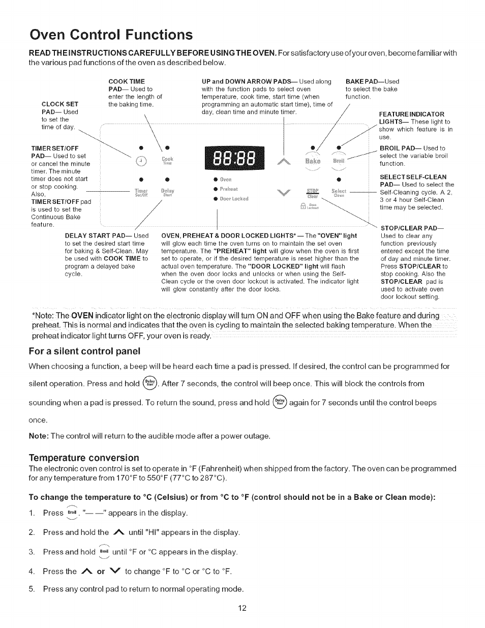 For a silent control panel, Temperature conversion, Oven control functions | Kenmore 790.9434 User Manual | Page 12 / 28