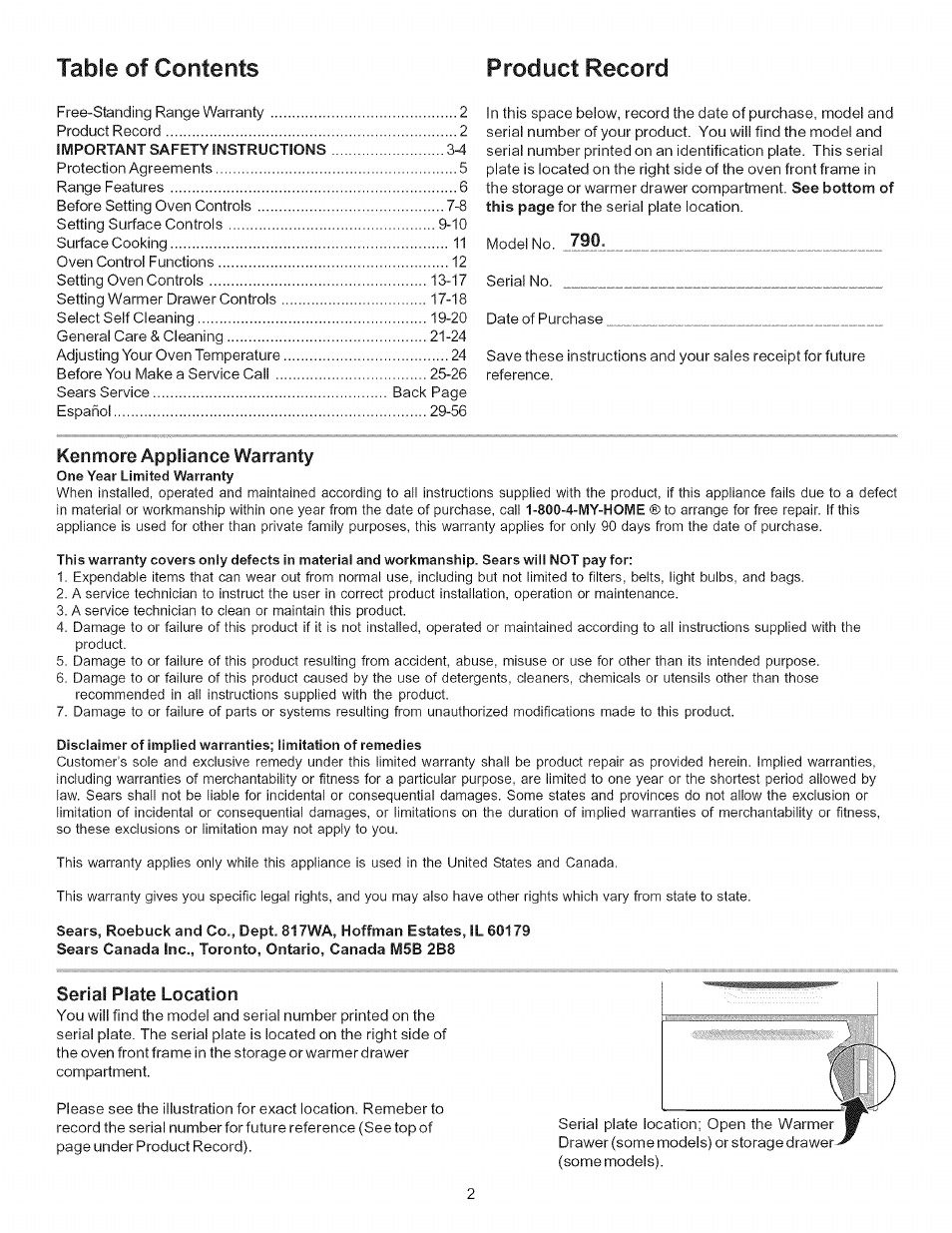 Kenmore appliance warranty, Serial plate location, Table of contents product record | Kenmore 790.9434 User Manual | Page 2 / 28