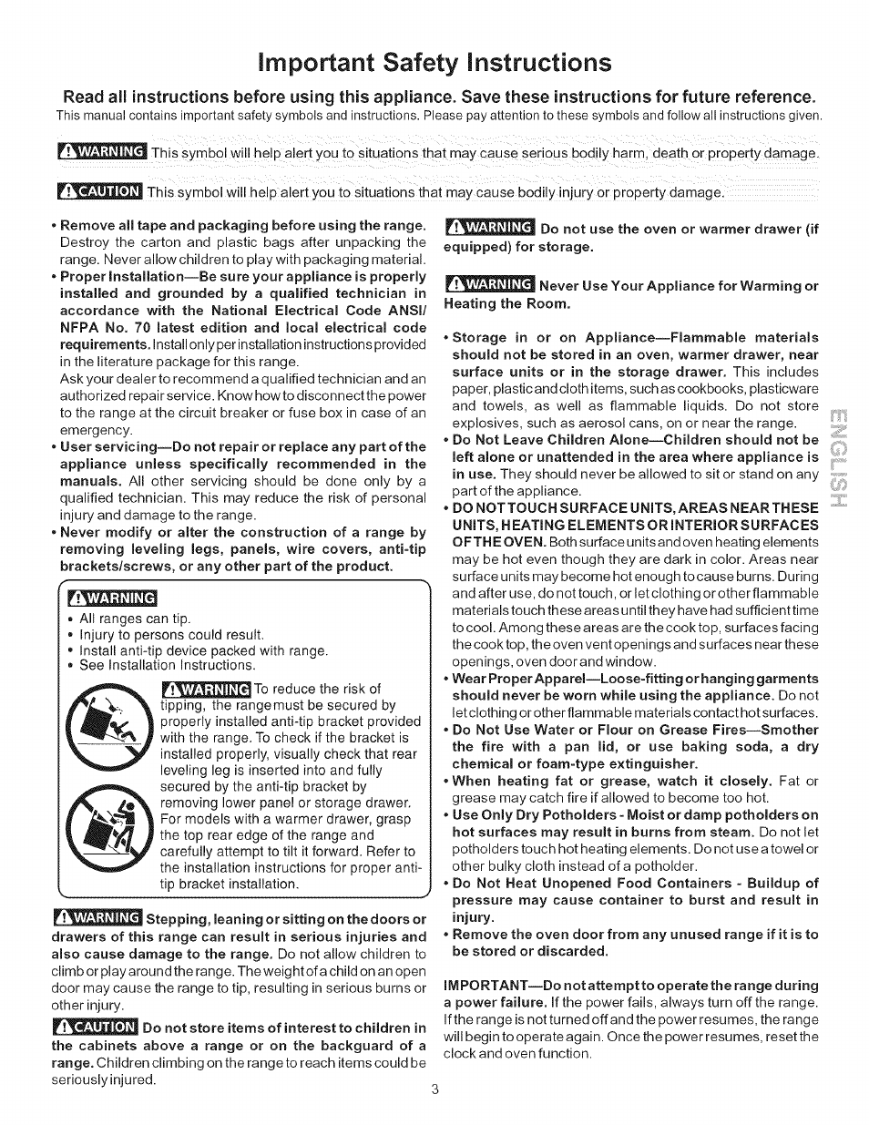 A warning, Warning, Important safety instructions | Kenmore 790.9434 User Manual | Page 3 / 28