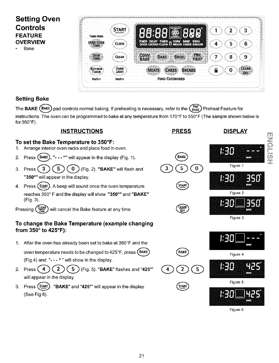 Setting oven controls, Feature, Overview | Setting bake, Instructions, Press, To set the bake temperature to 350'’f, Display, Before setting oven controls, Iiiliii | Kenmore 790.99019 User Manual | Page 21 / 40