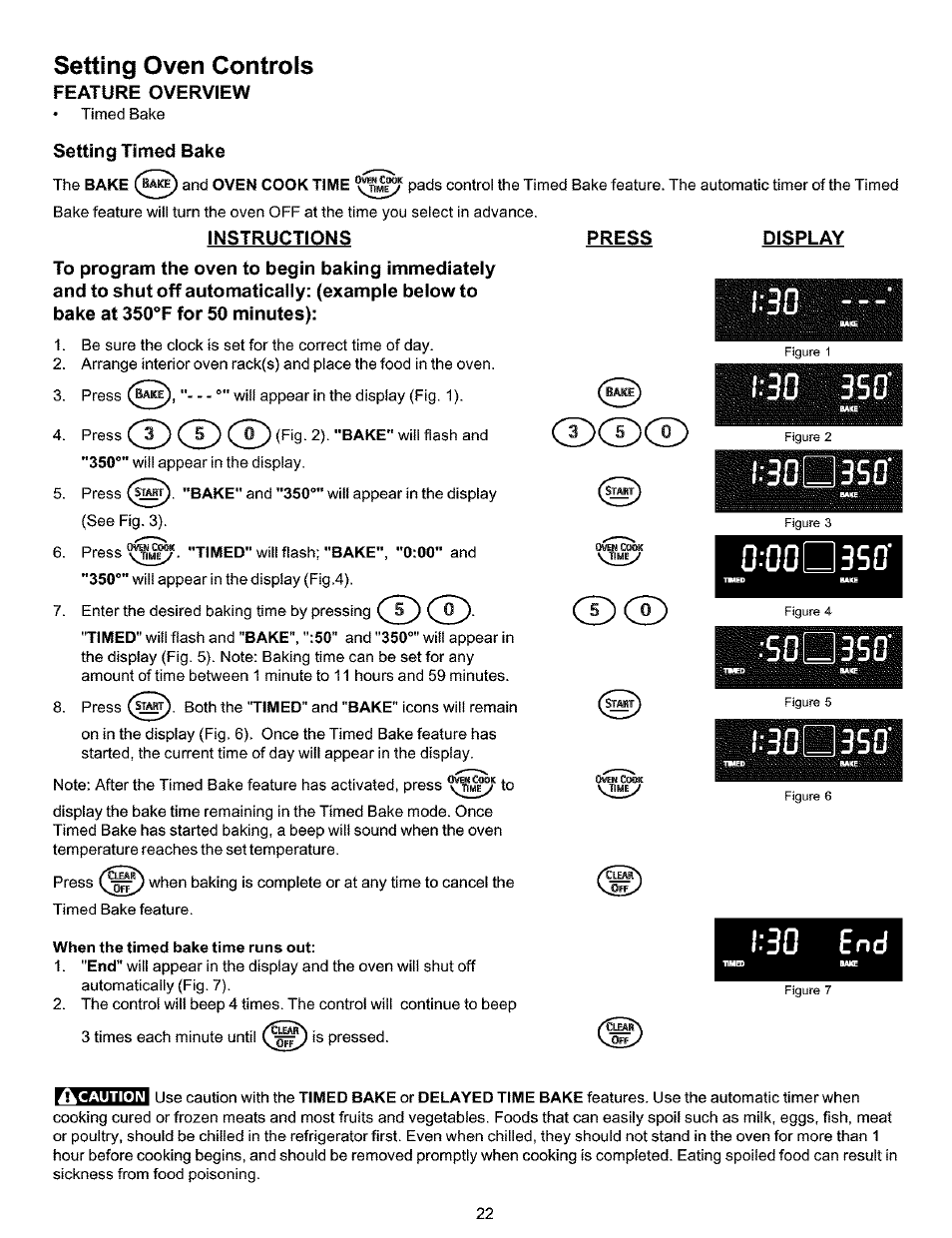 Setting timed bake, Instructions, Press | Cd cd, Ioffliii, Üfflïsi, Setting oven controls | Kenmore 790.99019 User Manual | Page 22 / 40