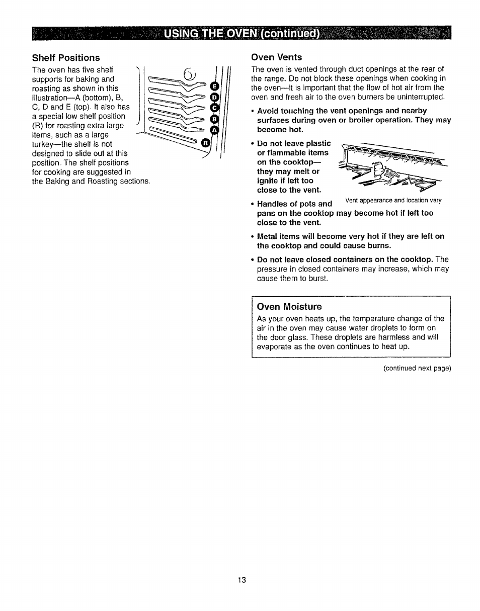 Shelf positions, Oven moisture, Using the oven (continued) | Kenmore 362.72239 User Manual | Page 13 / 42