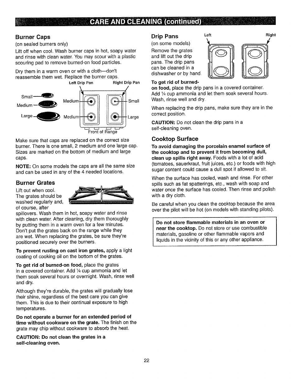 Burner caps, Burner grates, Drip pans | Cooktop surface, Care and cleaning (continued) | Kenmore 362.72239 User Manual | Page 22 / 42