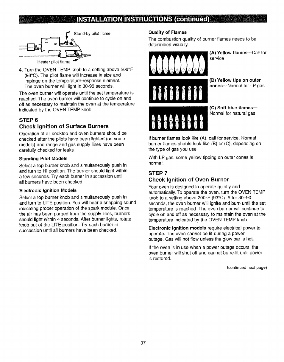 Step 6, Check ignition of surface burners, Ouality of flames | Step, Check ignition of oven burner, Installation instrlletlons (continued) | Kenmore 362.72239 User Manual | Page 37 / 42