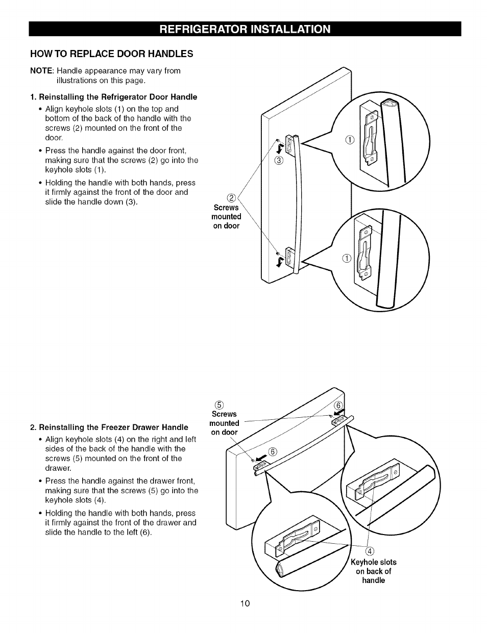 Howto replace door handles, Refrigerator installation | Kenmore TRIO 795.7757 User Manual | Page 10 / 115