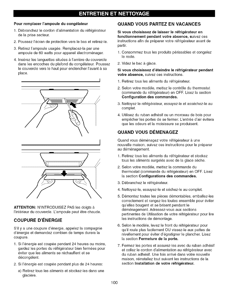 Coupure d’énergie, Quand vous partez en vacances, Quand vous déménagez | Entretien et nettoyage | Kenmore TRIO 795.7757 User Manual | Page 100 / 115