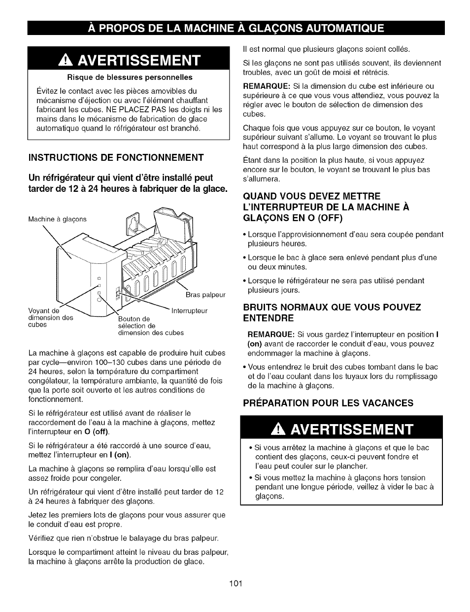 A avertissement, Instructions de fonctionnement, Bruits normaux que vous pouvez entendre | Préparation pour les vacances, Avertissement, À propos de la machine à glaçons automatique | Kenmore TRIO 795.7757 User Manual | Page 101 / 115