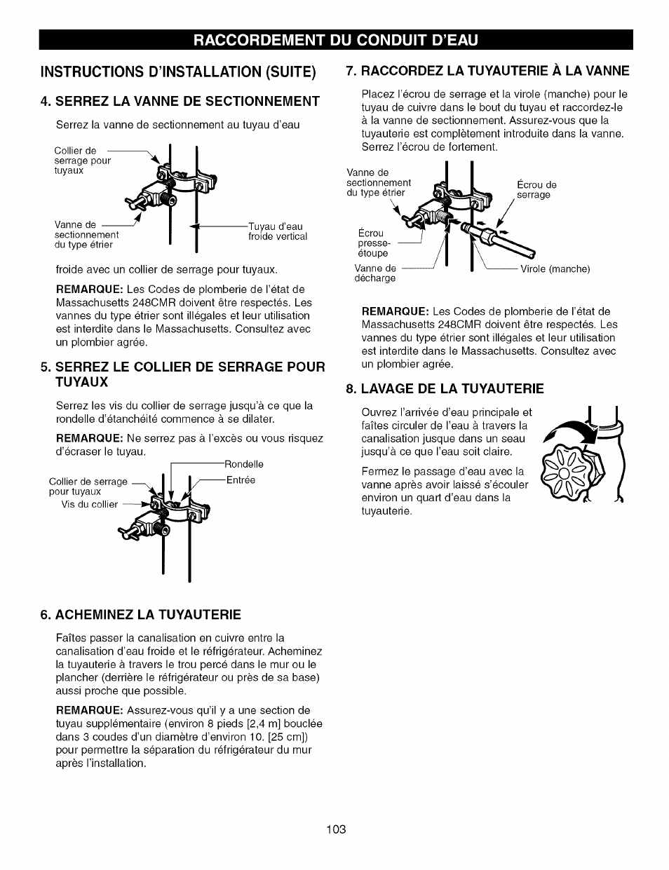 Instructions d’installation (suite), Serrez la vanne de sectionnement, Serrez le collier de serrage pour tuyaux | Raccordez la tuyauterie a la vanne, Lavage de la tuyauterie, Acheminez la tuyauterie | Kenmore TRIO 795.7757 User Manual | Page 103 / 115