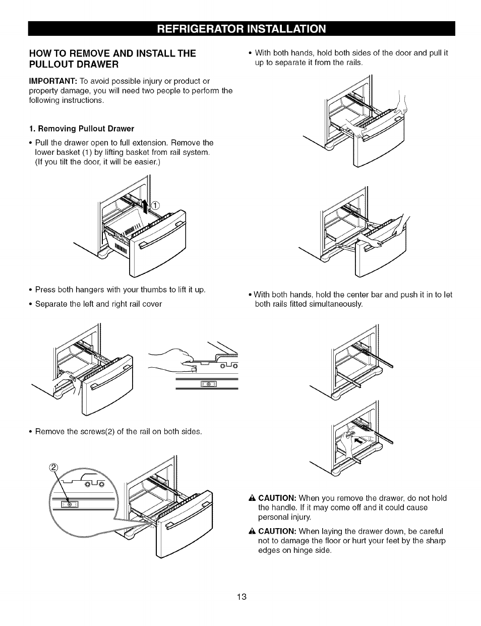 Howto remove and install the pullout drawer, Refrigerator installation | Kenmore TRIO 795.7757 User Manual | Page 13 / 115