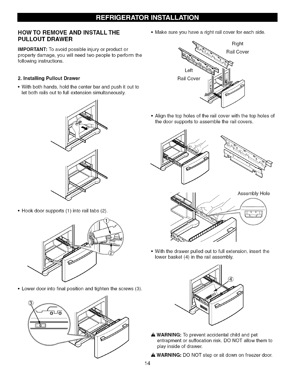 Howto remove and install the pullout drawer, Refrigerator installation | Kenmore TRIO 795.7757 User Manual | Page 14 / 115