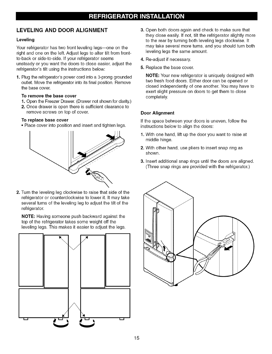 Leveling and door alignment, Refrigerator installation | Kenmore TRIO 795.7757 User Manual | Page 15 / 115
