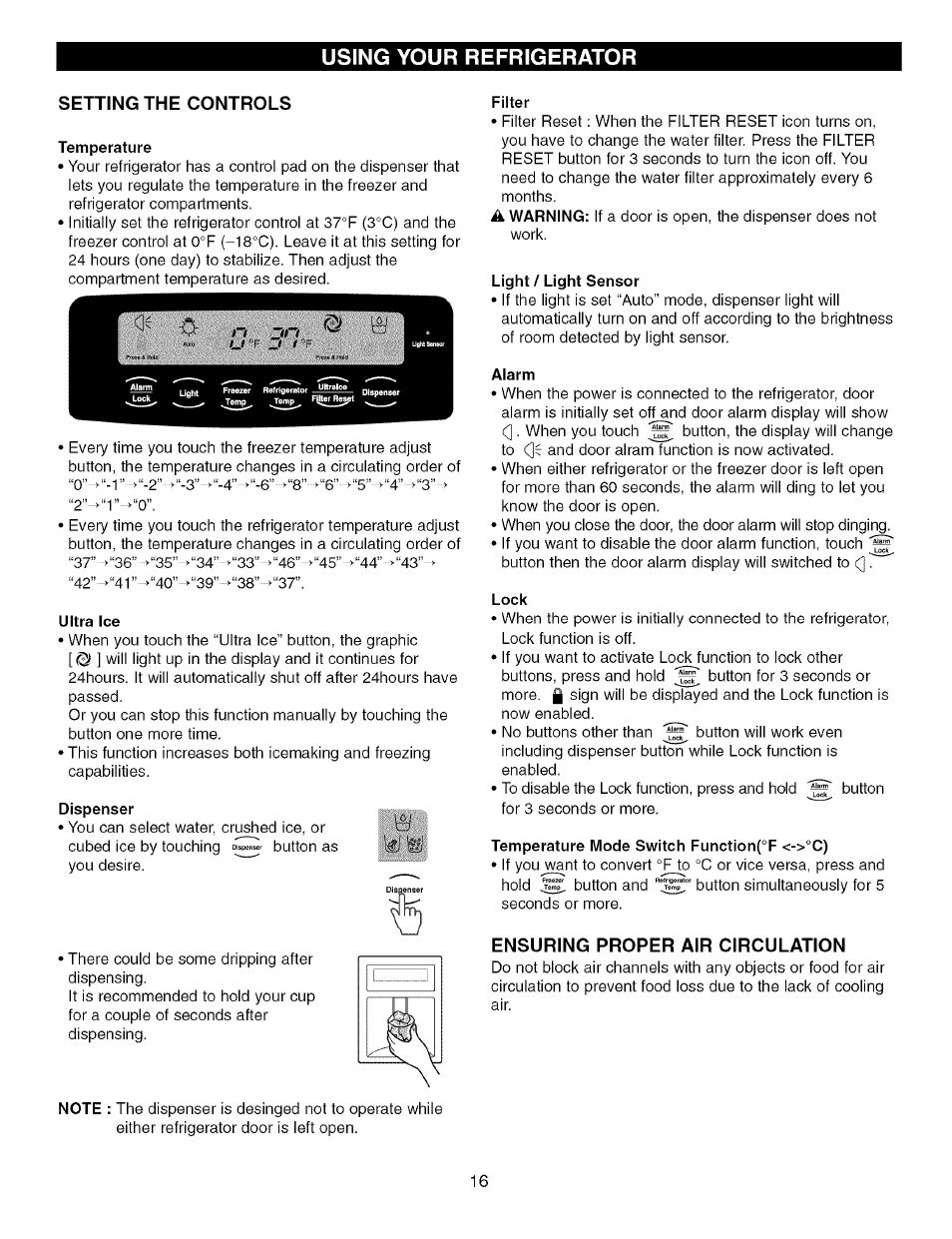 Setting the controls, Ensuring proper air circulation, Using your refrigerator | Kenmore TRIO 795.7757 User Manual | Page 16 / 115