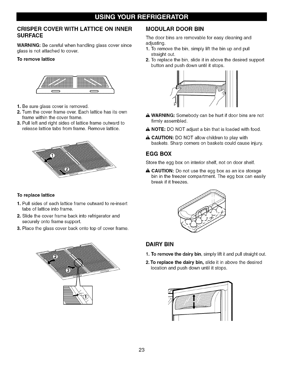 Crisper cover with lattice on inner surface, Modular door bin, Egg box | Dairy bin, Using your refrigerator | Kenmore TRIO 795.7757 User Manual | Page 23 / 115