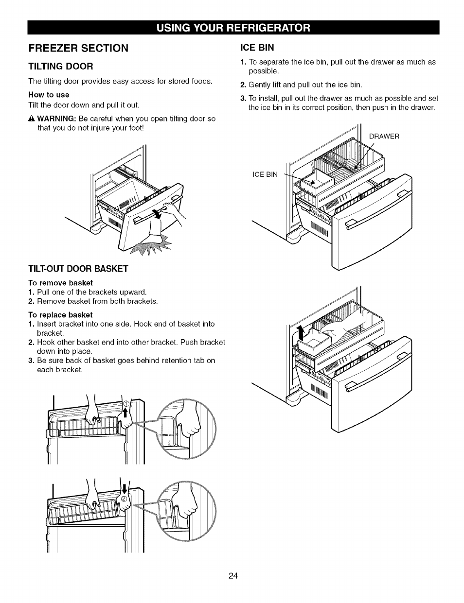 Freezer section, Tilting door, Tilt-out door basket | Ice bin | Kenmore TRIO 795.7757 User Manual | Page 24 / 115