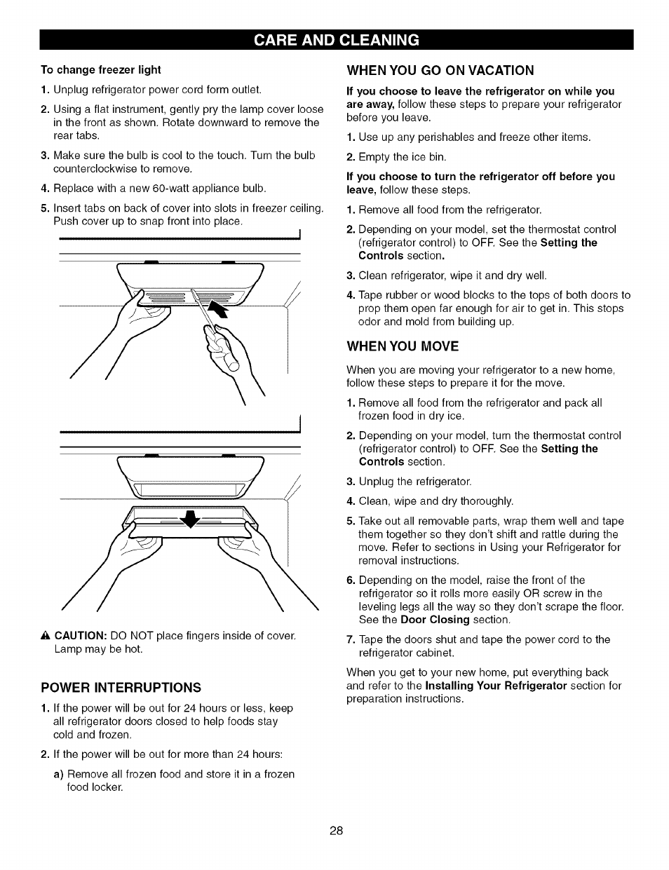 Power interruptions, When you go on vacation, When you move | Care and cleaning | Kenmore TRIO 795.7757 User Manual | Page 28 / 115